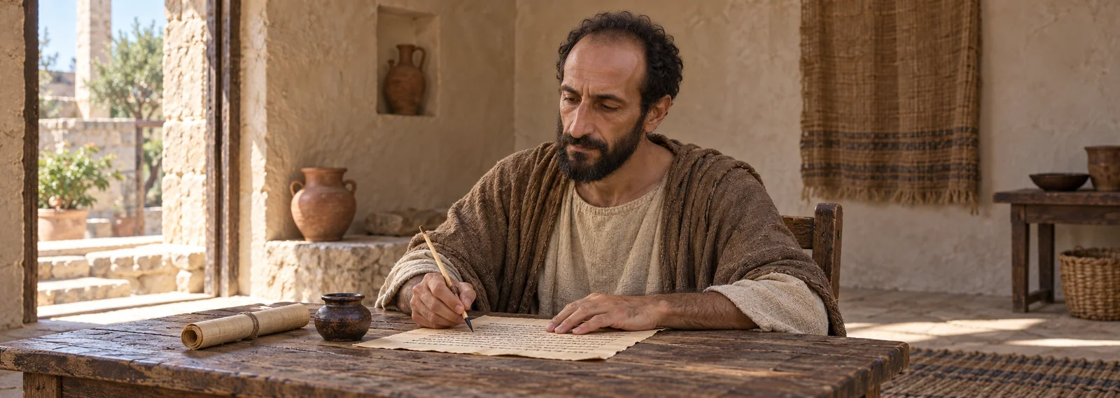 Artistieke voorstelling van Paulus die aan een houten tafel een brief schrijft.