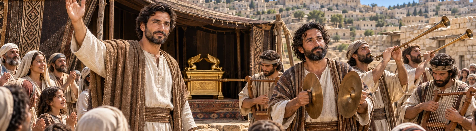 Artistieke voorstelling van David bij de ark in Jeruzalem, omringd door muzikanten en een verzameld volk.