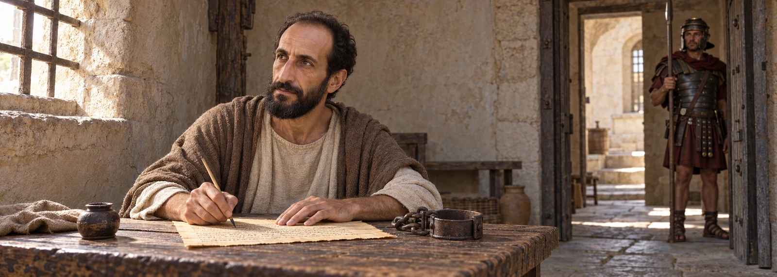 Artistieke voorstelling van een man die aan een tafel een brief schrijft, met een Romeinse soldaat in de deuropening.