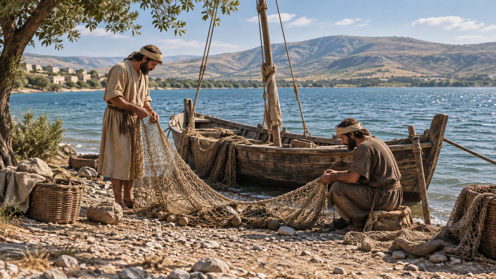 Een eenvoudig houten vissersbootje op een Galilese oever, met twee vissers die een net verzorgen in helder daglicht.