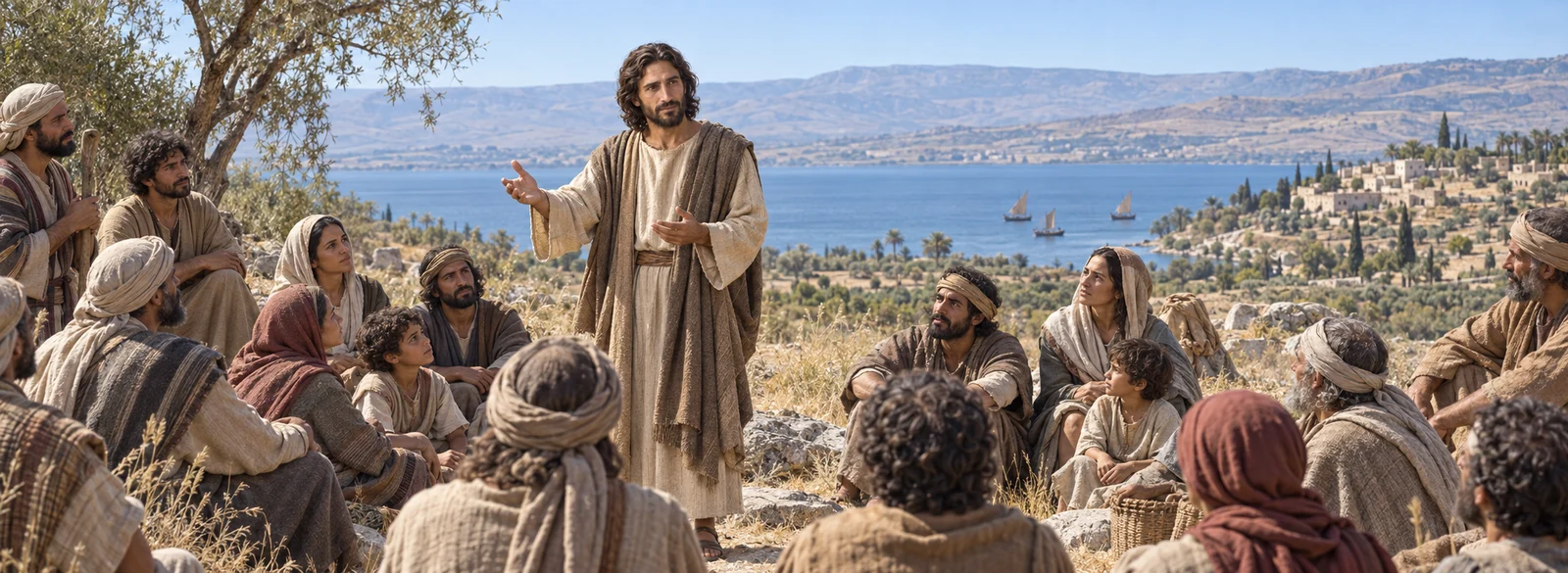 Jezus onderwijst een groep mensen buiten, in het landschap van Galilea.